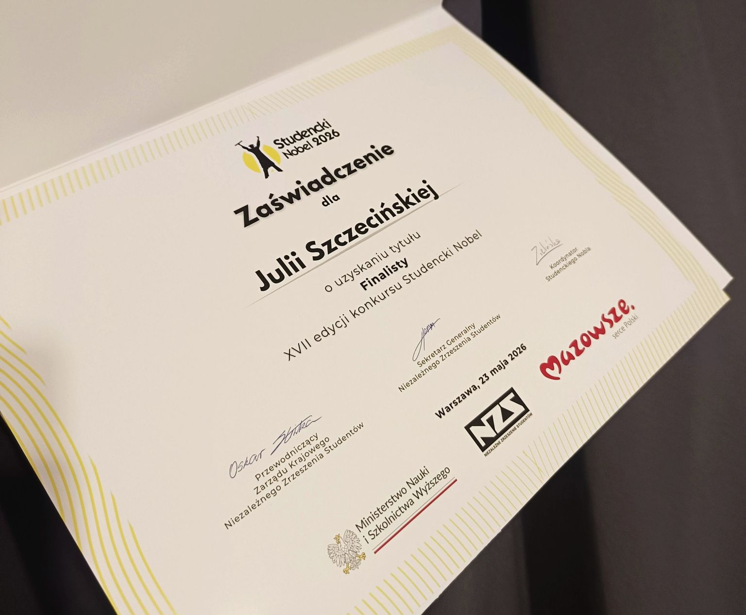 Dyplom finalisty konkursu Studencki Nobel