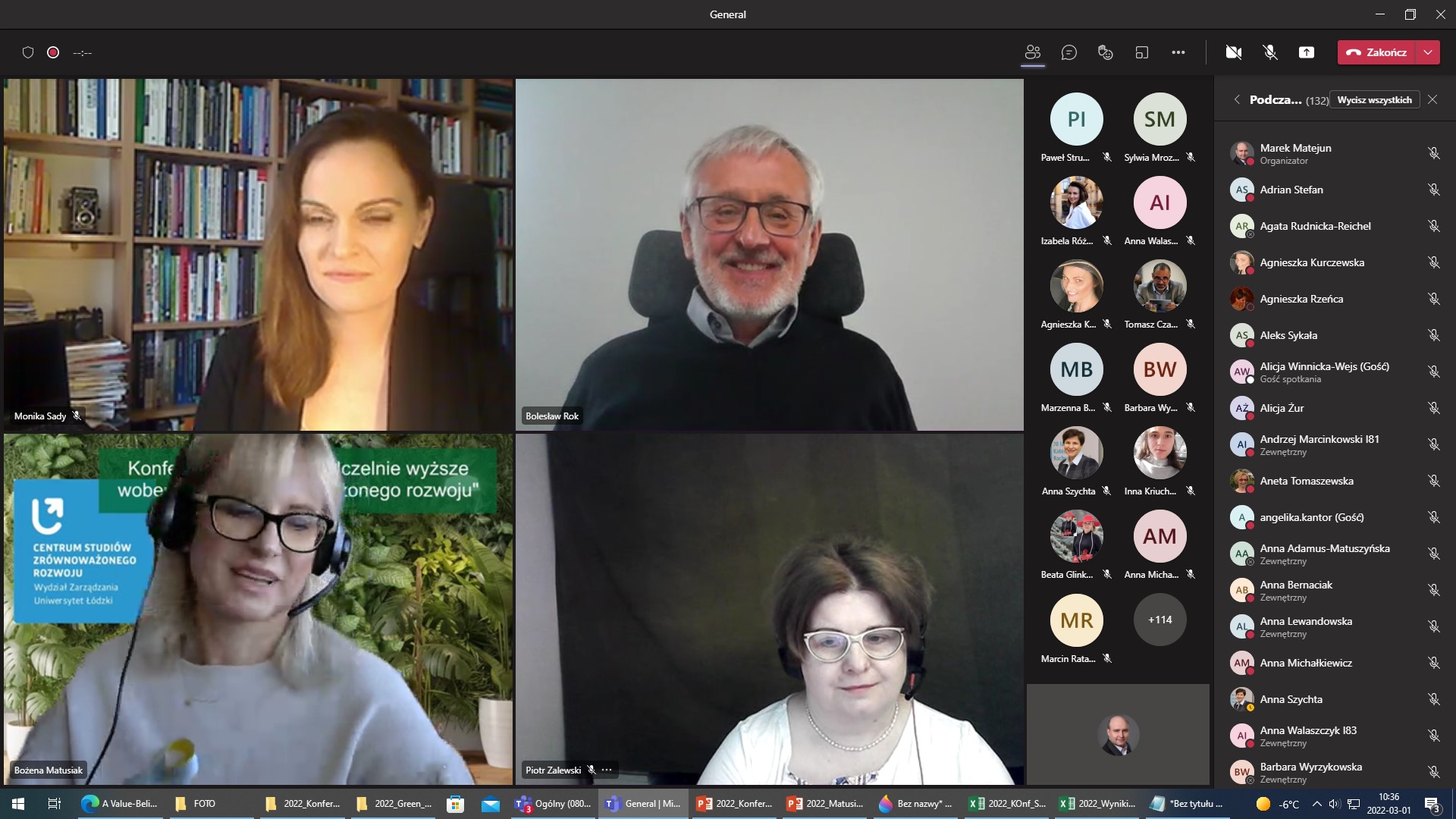 Zrzut z ekranu aplikacji MS Teams Ogólnopolskiej Konferencji Naukowej pt. „Uczelnie wyższe wobec wyzwań zrównoważonego rozwoju”, Wydział Zarządzania, Uniwersytet Łódzki, 01.03.2022