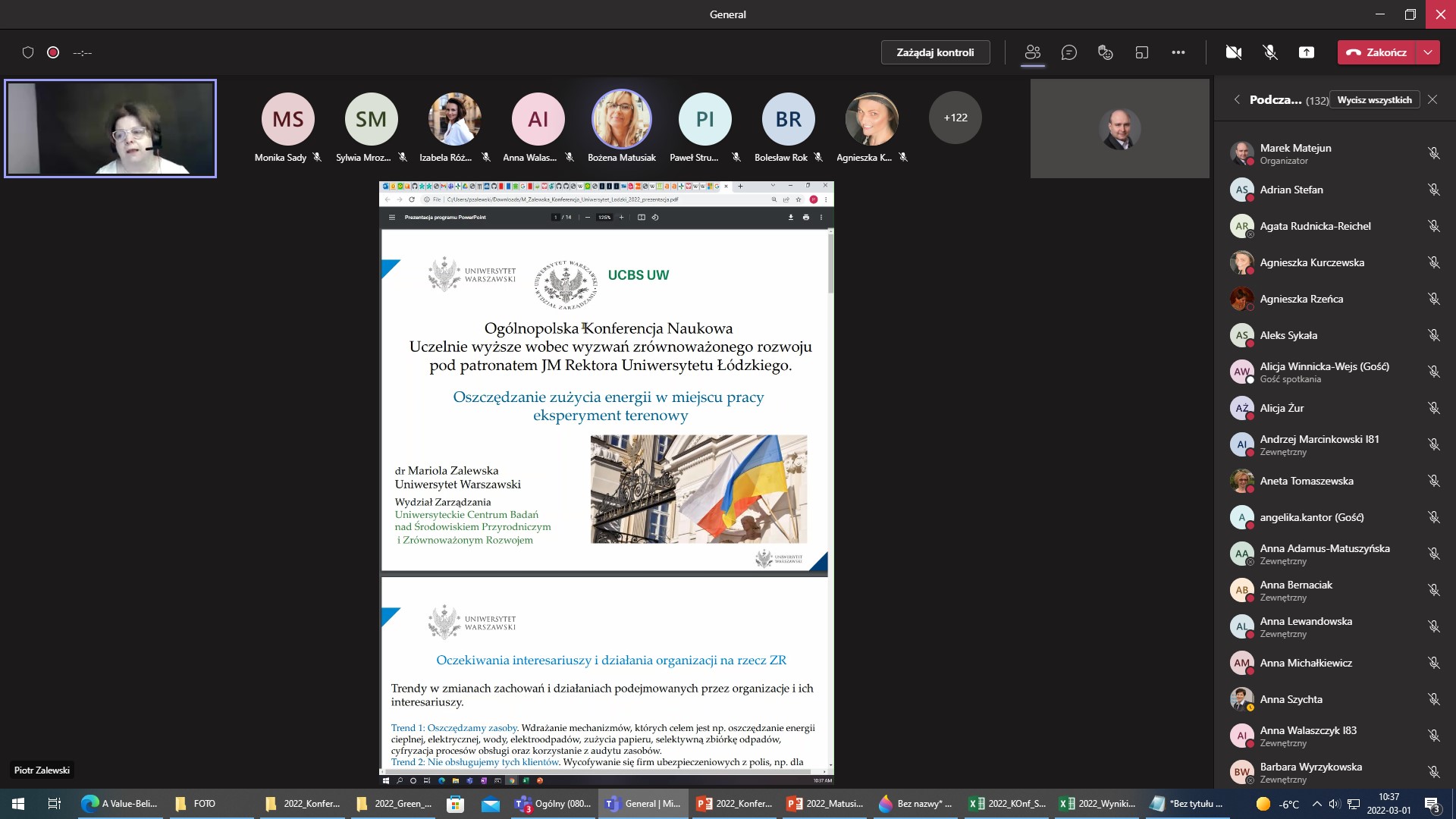 Zrzut z ekranu aplikacji MS Teams Ogólnopolskiej Konferencji Naukowej pt. „Uczelnie wyższe wobec wyzwań zrównoważonego rozwoju”, Wydział Zarządzania, Uniwersytet Łódzki, 01.03.2022