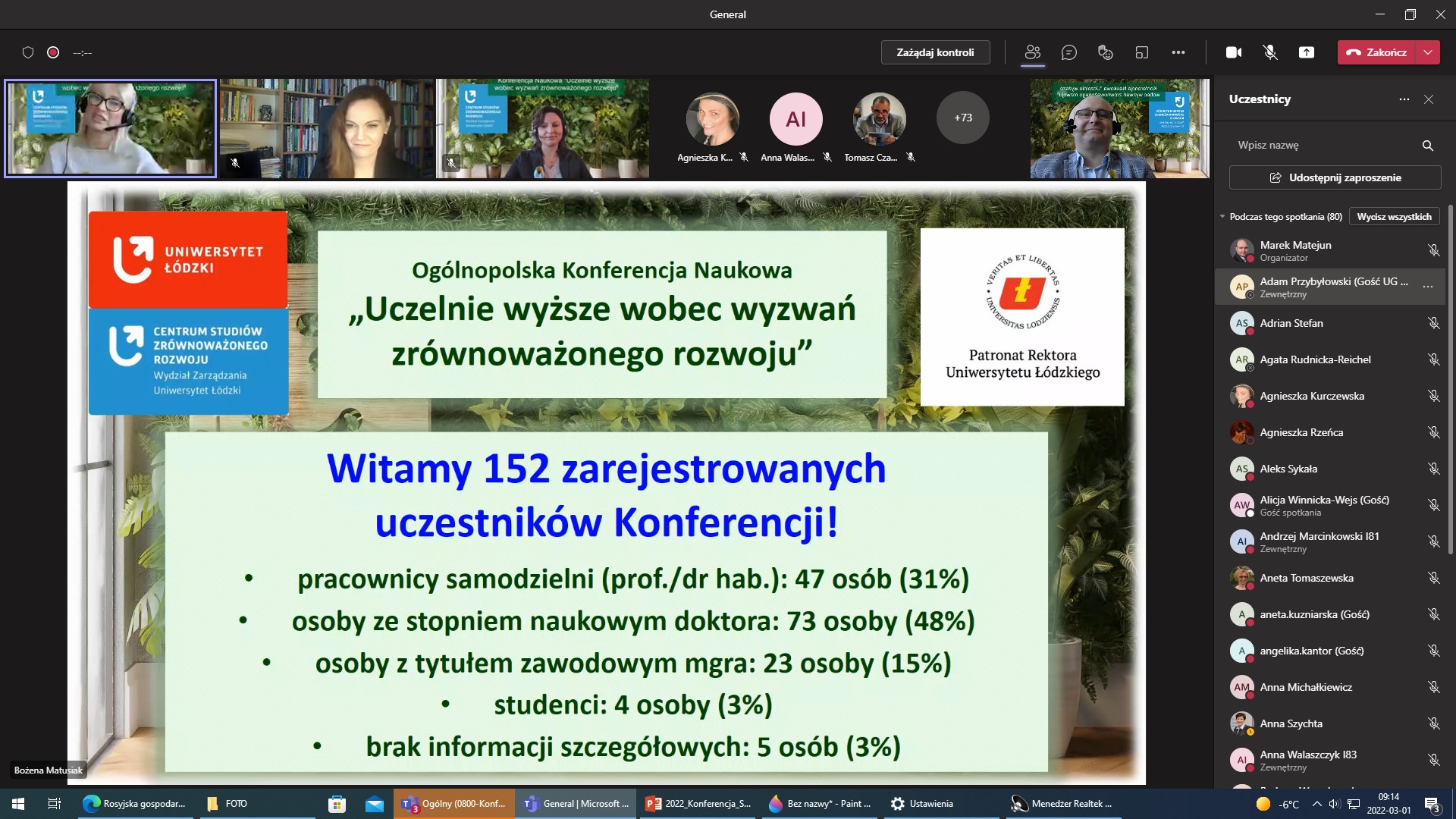 Zrzut z ekranu aplikacji MS Teams Ogólnopolskiej Konferencji Naukowej pt. „Uczelnie wyższe wobec wyzwań zrównoważonego rozwoju”, Wydział Zarządzania, Uniwersytet Łódzki, 01.03.2022