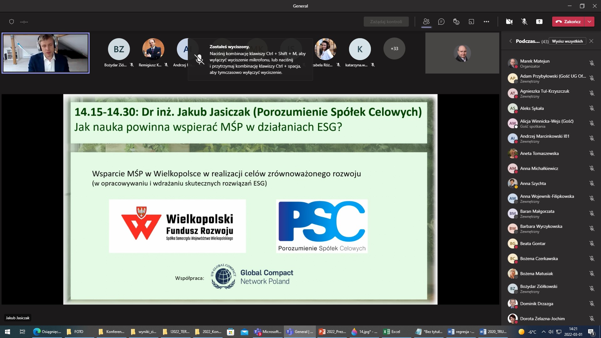 Zrzut z ekranu aplikacji MS Teams Ogólnopolskiej Konferencji Naukowej pt. „Uczelnie wyższe wobec wyzwań zrównoważonego rozwoju”, Wydział Zarządzania, Uniwersytet Łódzki, 01.03.2022