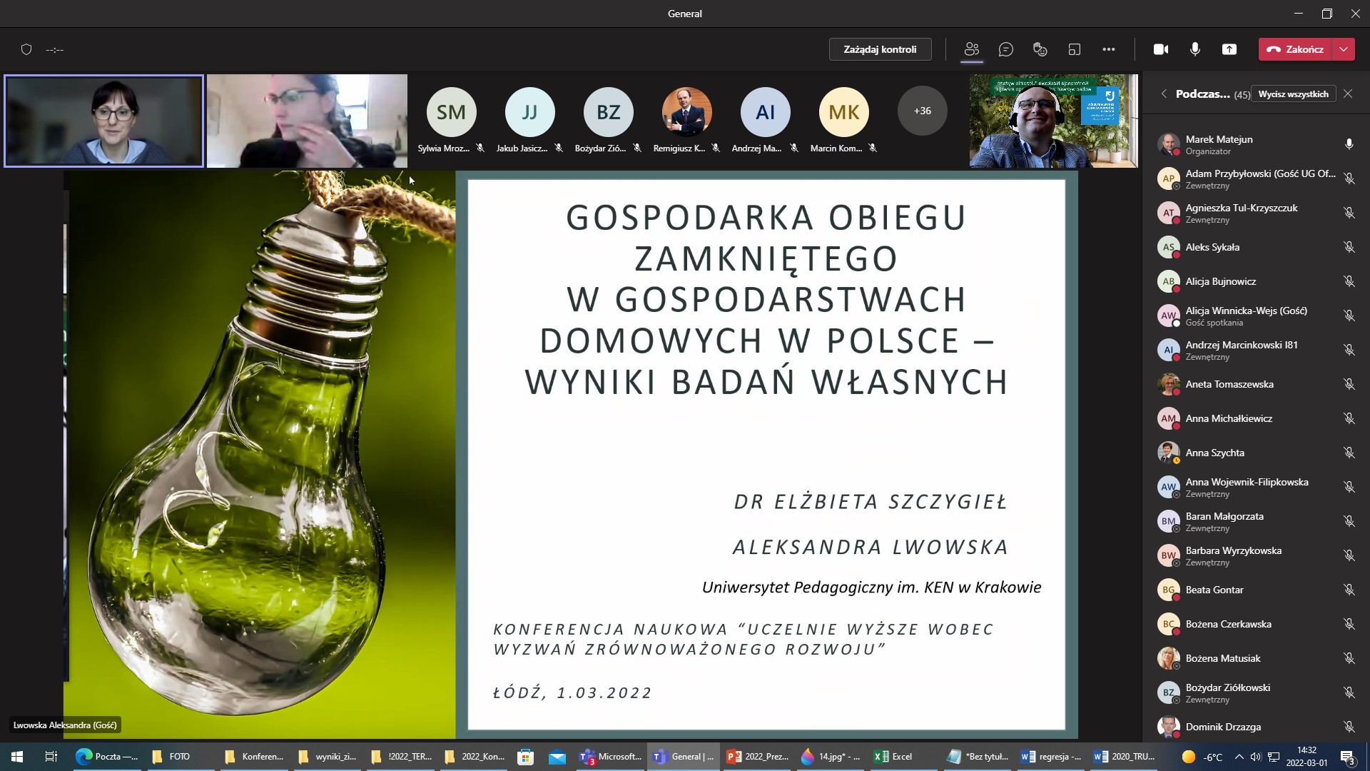 Zrzut z ekranu aplikacji MS Teams Ogólnopolskiej Konferencji Naukowej pt. „Uczelnie wyższe wobec wyzwań zrównoważonego rozwoju”, Wydział Zarządzania, Uniwersytet Łódzki, 01.03.2022