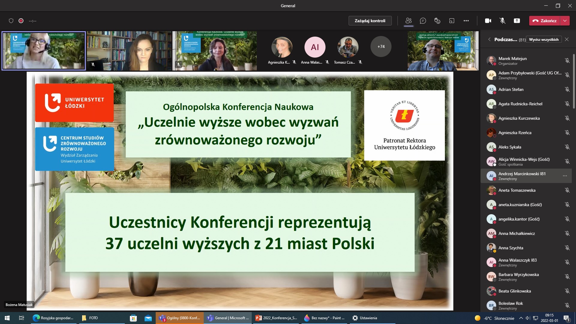 Zrzut z ekranu aplikacji MS Teams Ogólnopolskiej Konferencji Naukowej pt. „Uczelnie wyższe wobec wyzwań zrównoważonego rozwoju”, Wydział Zarządzania, Uniwersytet Łódzki, 01.03.2022