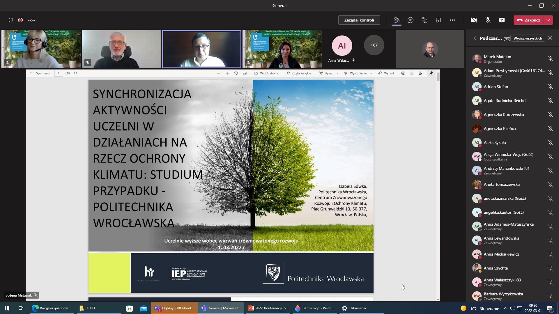 Zrzut z ekranu aplikacji MS Teams Ogólnopolskiej Konferencji Naukowej pt. „Uczelnie wyższe wobec wyzwań zrównoważonego rozwoju”, Wydział Zarządzania, Uniwersytet Łódzki, 01.03.2022
