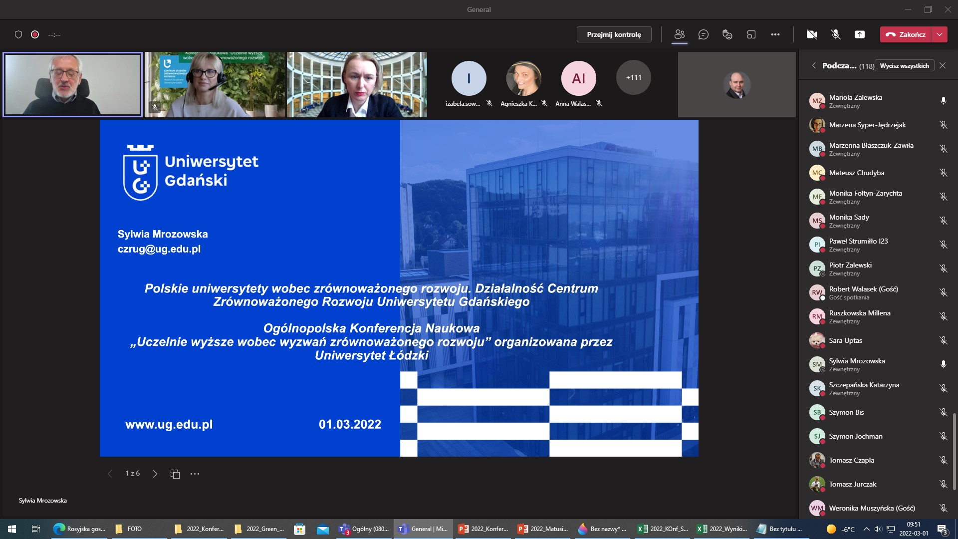 Zrzut z ekranu aplikacji MS Teams Ogólnopolskiej Konferencji Naukowej pt. „Uczelnie wyższe wobec wyzwań zrównoważonego rozwoju”, Wydział Zarządzania, Uniwersytet Łódzki, 01.03.2022