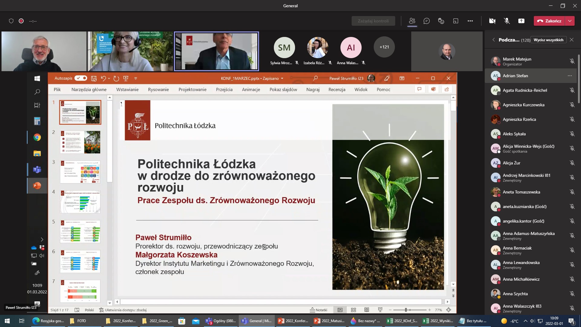 Zrzut z ekranu aplikacji MS Teams Ogólnopolskiej Konferencji Naukowej pt. „Uczelnie wyższe wobec wyzwań zrównoważonego rozwoju”, Wydział Zarządzania, Uniwersytet Łódzki, 01.03.2022