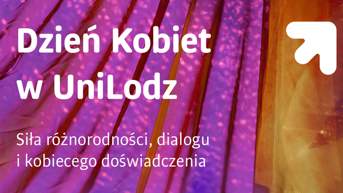 Grafika przedstawiająca abstrakcję przypominającą fragment tiulu w różnych odcieniach fioletu, z napisem mówiącym o dniu kobiet 
