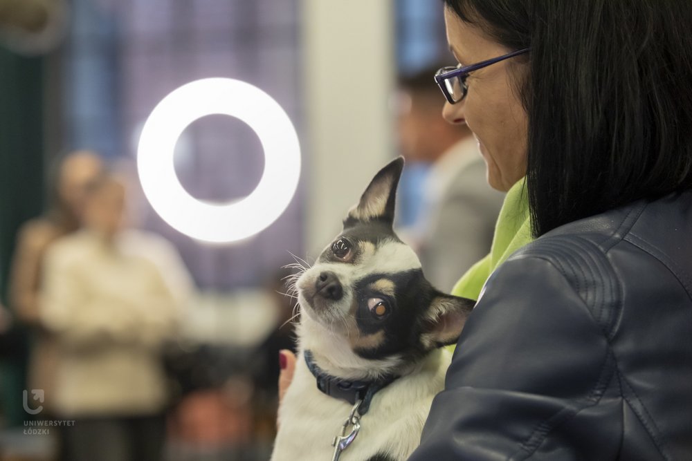 dyrektor schroniska w towarzystwie czworonożnego przyjaciela podczas briefingu prasowego