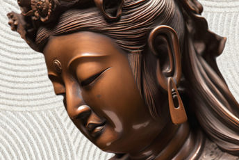 Buddyjski posążek, lewy profil kobiecej twarzy.