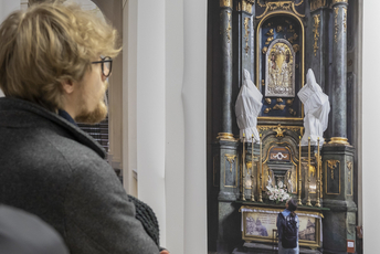 A photo of a person viewing the exhibition