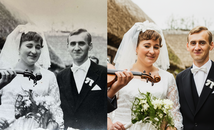 Dziadkowie autora na zdjęciu archiwalnym i pokolorowanym przez AI