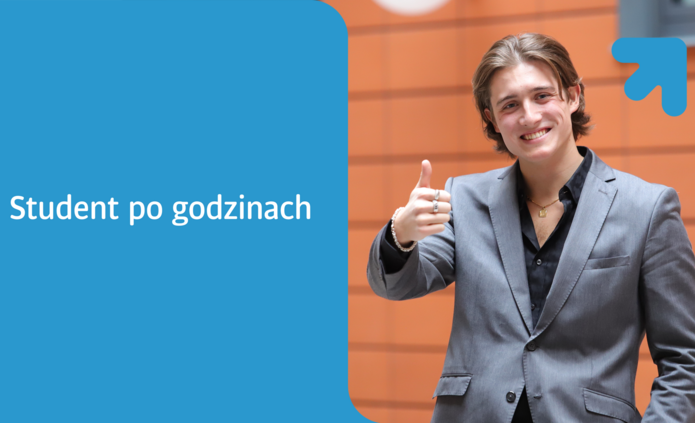 uśmiechnięty młody mężczyzna z kciukiem w górę i napis Student po godzinach