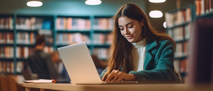 Dziewczyna siedzi w bibliotece przy otwartym laptopie.
