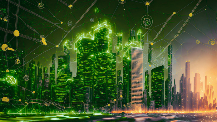 Miasto, zielona kolorystyka, technologiczny klimat