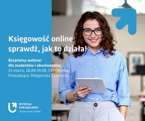 Zdjęcie przedstawia kobietę oraz szczegóły wydarzenia Księgowość online"