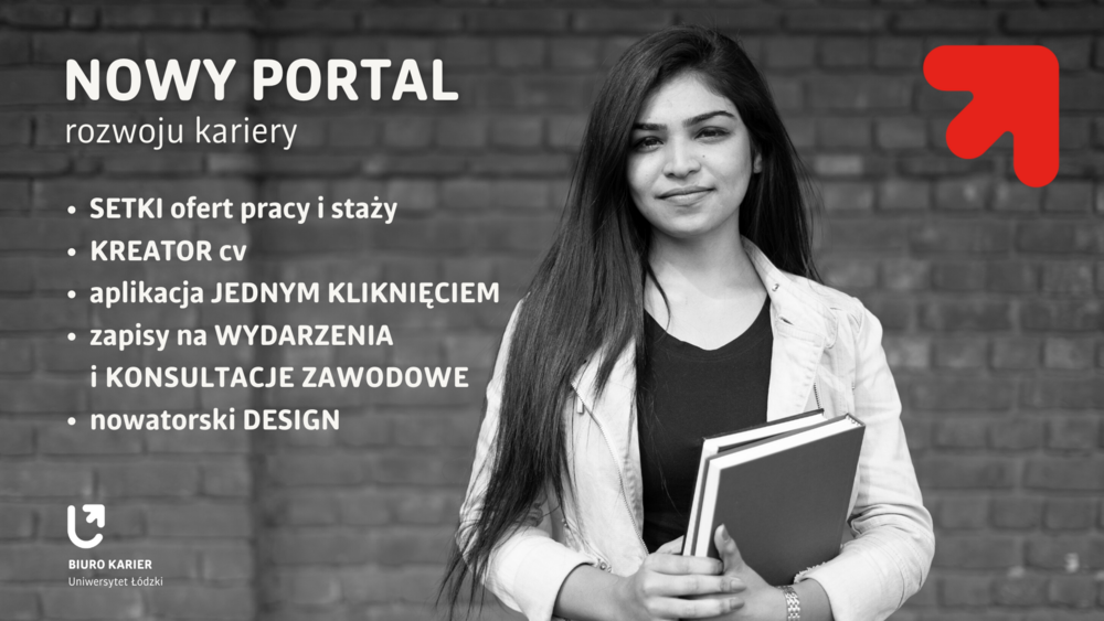 czarno białe zdjęcie kobiety trzymającej książki oraz opis korzyści wynikających z korzystania z Portalu Rozwoju Kariery czarno białe zdjęcie kobiety trzymającej książki oraz opis korzyści wynikających z korzystania z Portalu Rozwoju Kariery