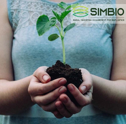 Tors kobiety w błękitnej bluzce trzymającej w dłoniach małą roślinkę z ziemią