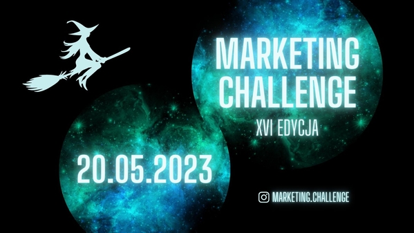 Zdjęcie przedstawia czarownicę na miotle i napis Marketing Challenge 20 maja 2023