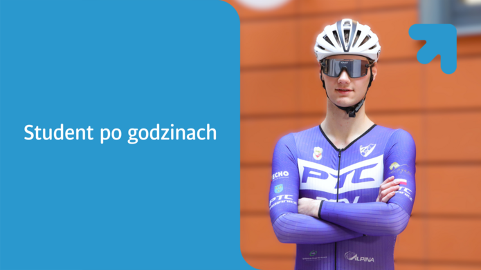 Student trenujący kolarstwo w stroju sportowym i kasku. Napi: Dawid Rola Student po godzinach