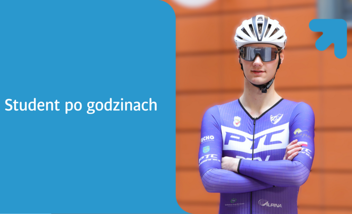Student trenujący kolarstwo w stroju sportowym i kasku. Napi: Dawid Rola Student po godzinach