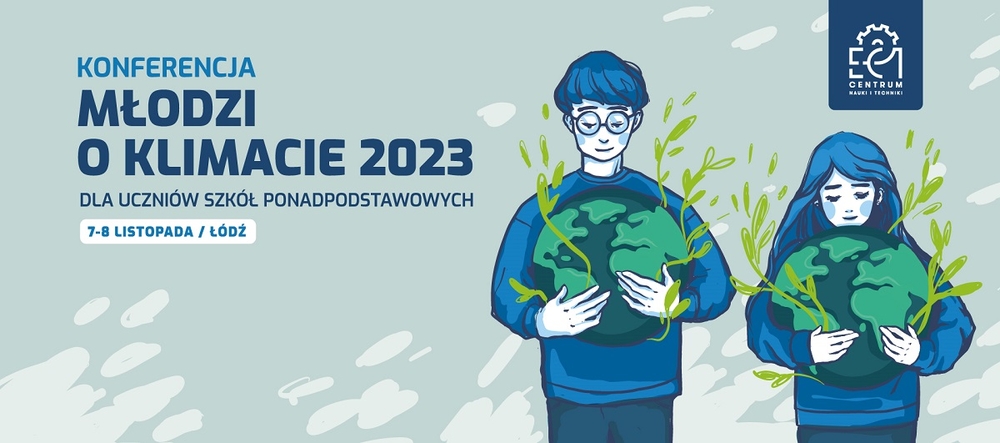 Baner konferencji Młodzi o klimacie. Widoczna para młodych ludzi, każde z nich obejmuje Ziemie w troskliwym geście. Baner konferencji Młodzi o klimacie. Widoczna para młodych ludzi, każde z nich obejmuje Ziemie w troskliwym geście.