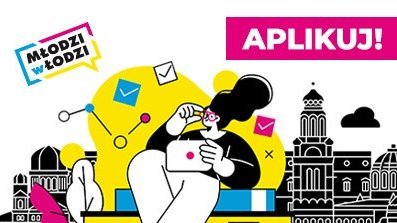 Grafika promująca Stypendia Prezydent Miasta Łodzi. Rysunek dziewczyny na tle miasta w identyfikacji UMŁ