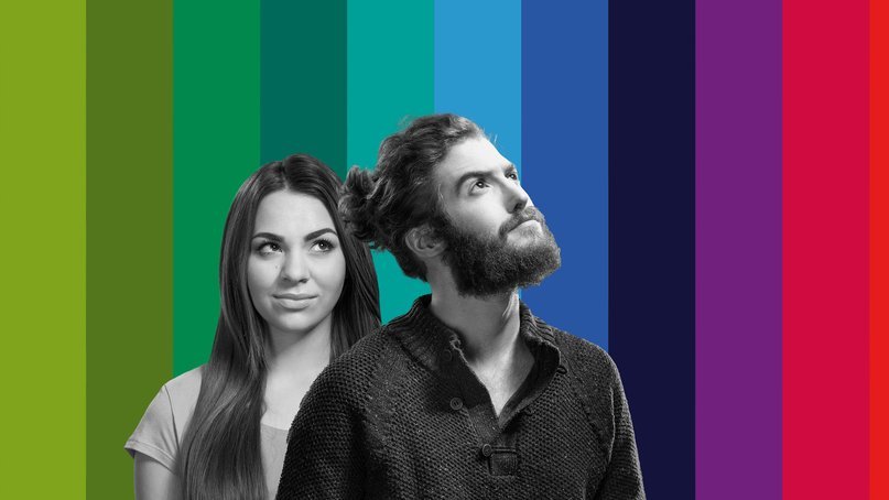 a girl and a boy on a colourful background