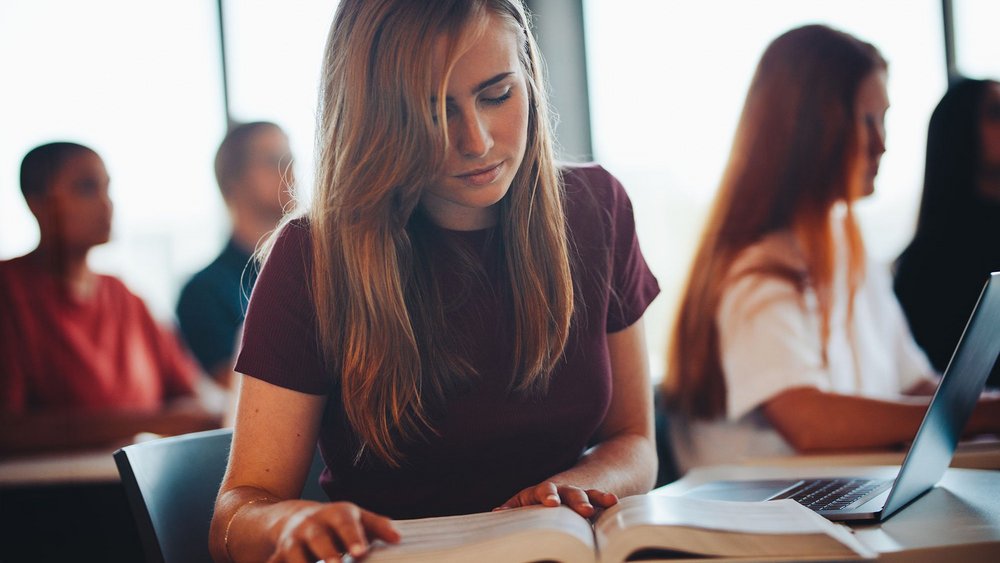 a decorative element: a young woman who is studying