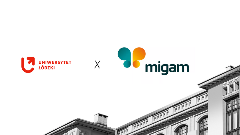 Budynek rektoratu UŁ z logo Migam