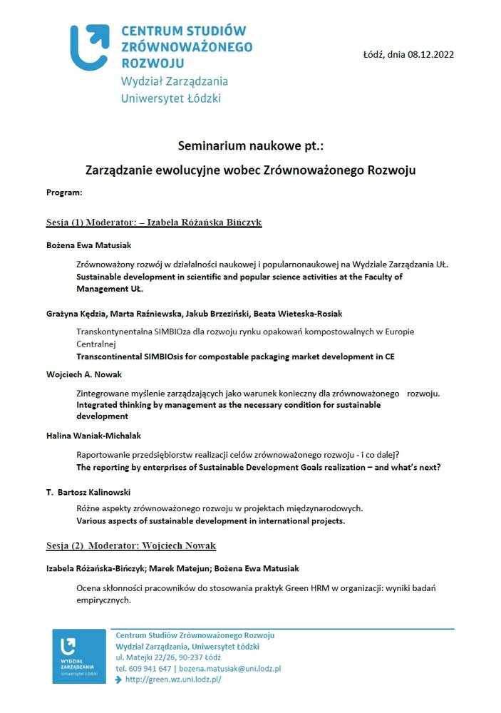 Program Seminarium „Zarządzanie ewolucyjne wobec Zrównoważonego Rozwoju"